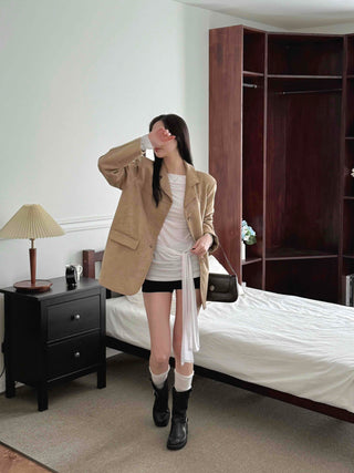 Daily Tie Detail Off-Shoulder Drape Long Sleeve T-Shirt