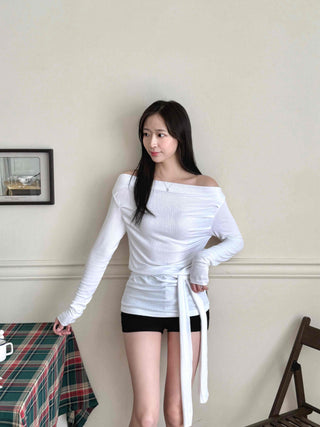 Daily Tie Detail Off-Shoulder Drape Long Sleeve T-Shirt