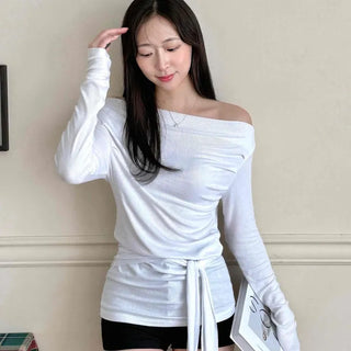 Daily Tie Detail Off-Shoulder Drape Long Sleeve T-Shirt
