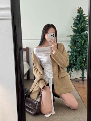 Daily Tie Detail Off-Shoulder Drape Long Sleeve T-Shirt