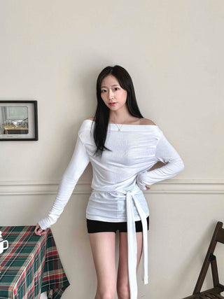 Daily Tie Detail Off-Shoulder Drape Long Sleeve T-Shirt