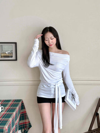 Daily Tie Detail Off-Shoulder Drape Long Sleeve T-Shirt