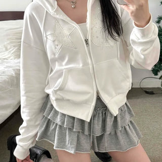 Twinkle Big Star Embroidered Crop Oversized Zip-Up Hoodie