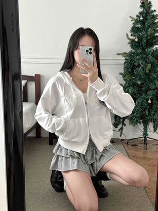 Twinkle Big Star Embroidered Crop Oversized Zip-Up Hoodie