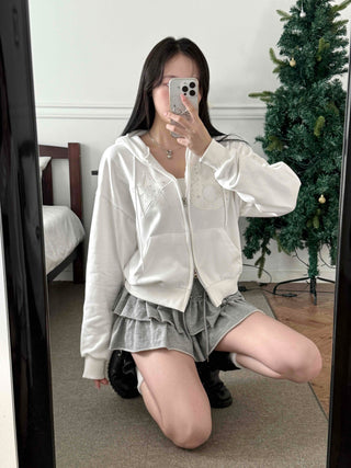 Twinkle Big Star Embroidered Crop Oversized Zip-Up Hoodie