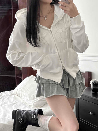Twinkle Big Star Embroidered Crop Oversized Zip-Up Hoodie