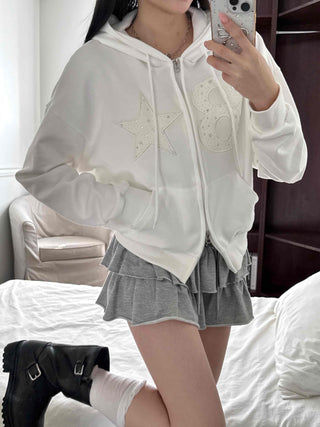 Twinkle Big Star Embroidered Crop Oversized Zip-Up Hoodie