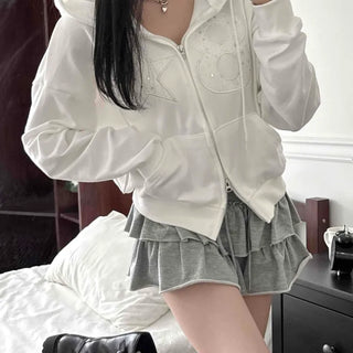 Twinkle Big Star Embroidered Crop Oversized Zip-Up Hoodie