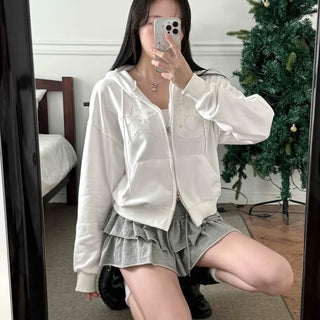 Twinkle Big Star Embroidered Crop Oversized Zip-Up Hoodie