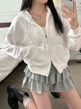 Twinkle Big Star Embroidered Crop Oversized Zip-Up Hoodie