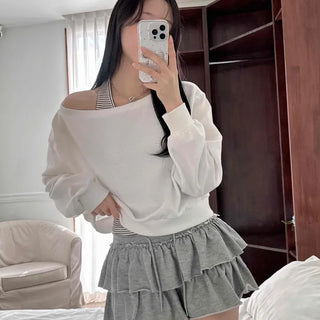 Halter Stripe Off-Shoulder Loose Fit Sweatshirt