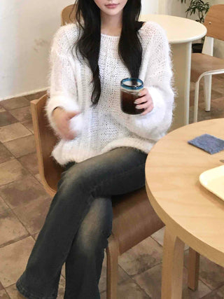 Soft Hairy Loose Boat Neck Knit