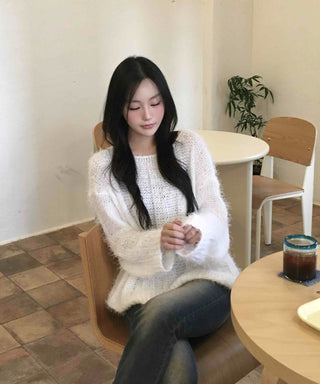 Soft Hairy Loose Boat Neck Knit