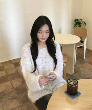 Soft Hairy Loose Boat Neck Knit