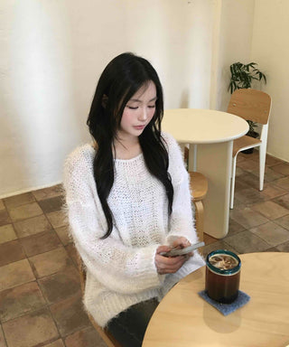 Soft Hairy Loose Boat Neck Knit