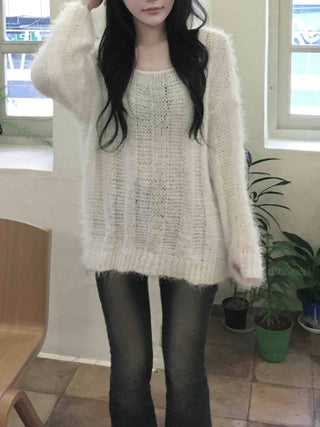 Soft Hairy Loose Boat Neck Knit