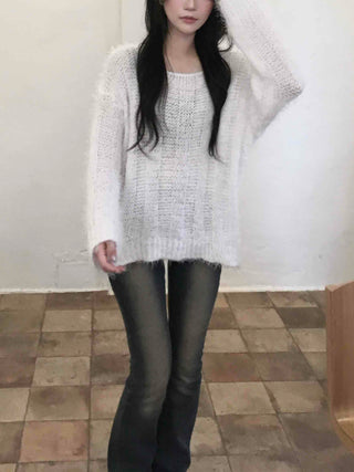 Soft Hairy Loose Boat Neck Knit