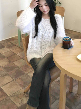 Soft Hairy Loose Boat Neck Knit