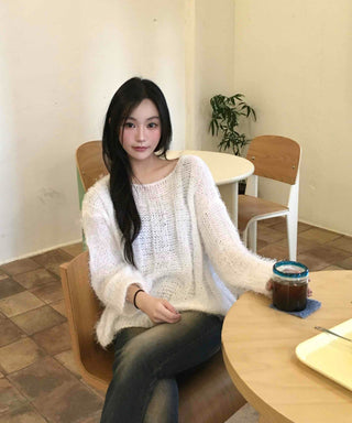 Soft Hairy Loose Boat Neck Knit