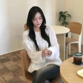 Soft Hairy Loose Boat Neck Knit