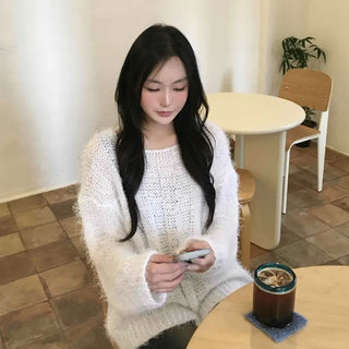 Soft Hairy Loose Boat Neck Knit