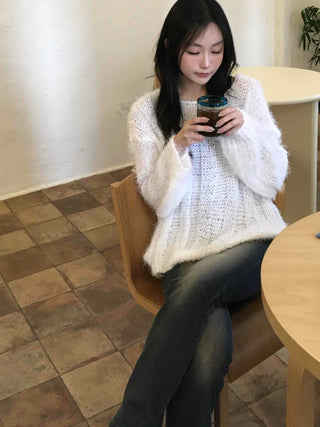 Soft Hairy Loose Boat Neck Knit