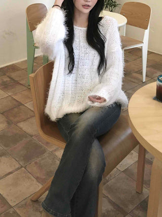 Soft Hairy Loose Boat Neck Knit