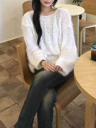 Soft Hairy Loose Boat Neck Knit
