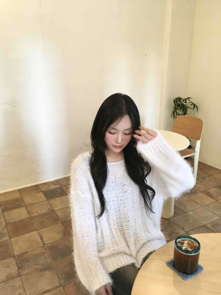 Soft Hairy Loose Boat Neck Knit