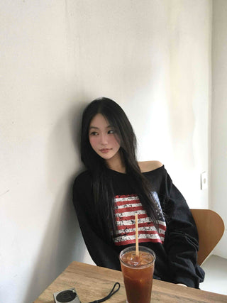 America Off-Shoulder Loose Fit Sweatshirt