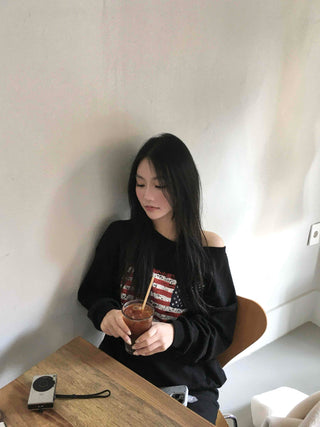 America Off-Shoulder Loose Fit Sweatshirt