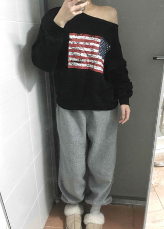 America Off-Shoulder Loose Fit Sweatshirt