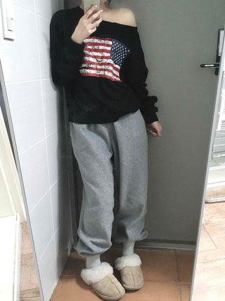 America Off-Shoulder Loose Fit Sweatshirt