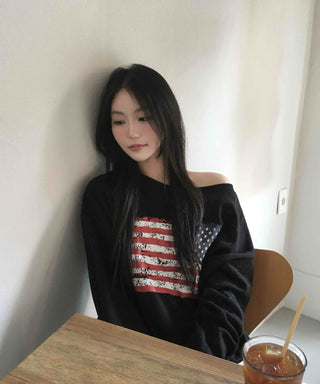 America Off-Shoulder Loose Fit Sweatshirt