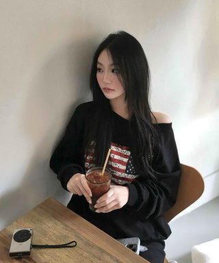 America Off-Shoulder Loose Fit Sweatshirt