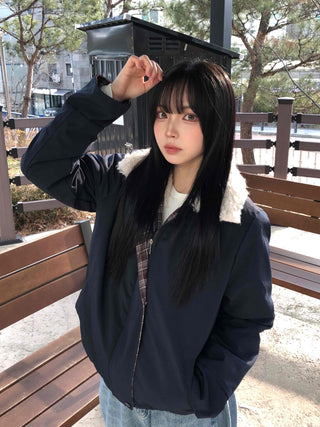 Check Color Block Sherpa Jacket