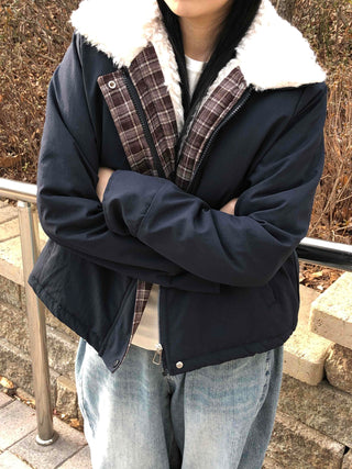 Check Color Block Sherpa Jacket