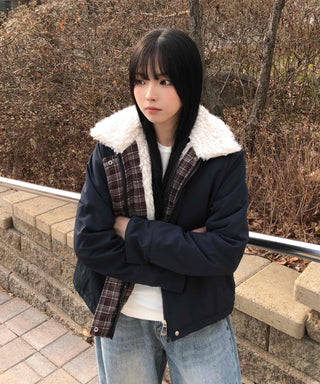 Check Color Block Sherpa Jacket