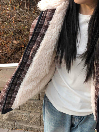 Check Color Block Sherpa Jacket