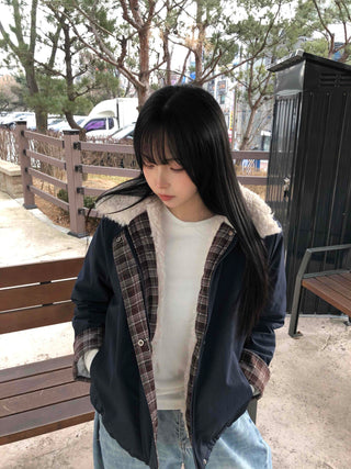 Check Color Block Sherpa Jacket