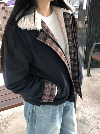 Check Color Block Sherpa Jacket