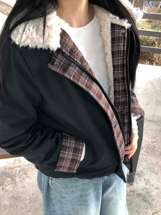 Check Color Block Sherpa Jacket