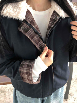 Check Color Block Sherpa Jacket