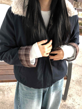 Check Color Block Sherpa Jacket