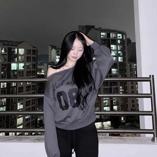 Lettering Numbering Off-Shoulder Oversized Sweatshirt