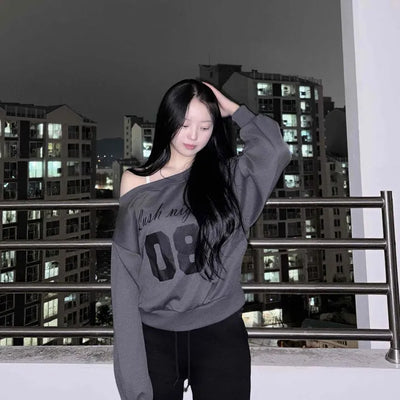 Lettering Numbering Off-Shoulder Oversized Sweatshirt