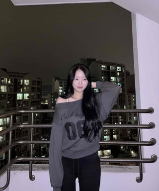 Lettering Numbering Off-Shoulder Oversized Sweatshirt