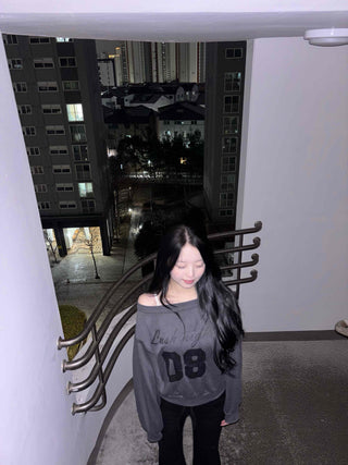 Lettering Numbering Off-Shoulder Oversized Sweatshirt