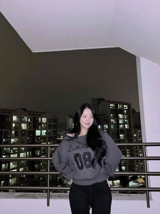 Lettering Numbering Off-Shoulder Oversized Sweatshirt