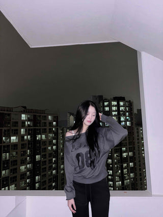 Lettering Numbering Off-Shoulder Oversized Sweatshirt